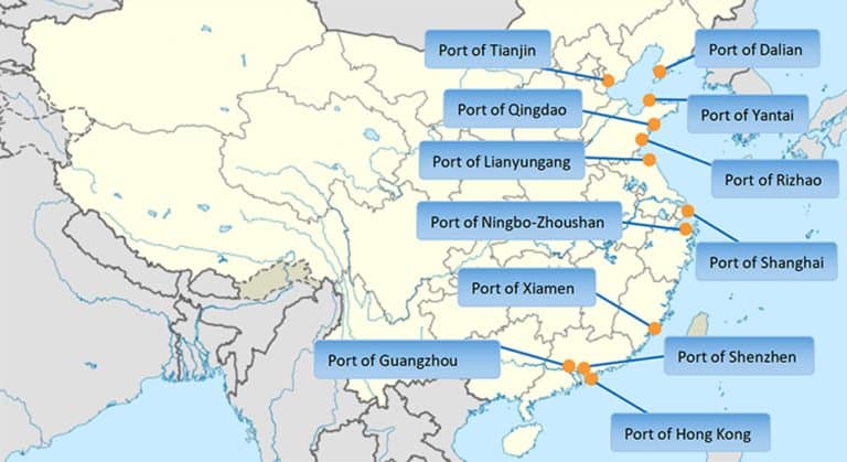 Distribution map of major cargo ports in China