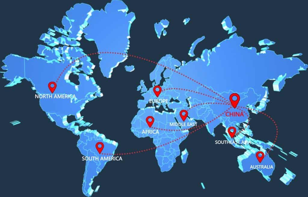 Global shipping routes from China to USA, Europe, Middle East, Africa, Southeast Asia and Australia