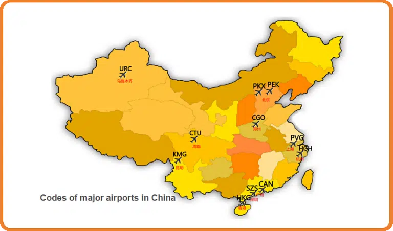 Χάρτης των μεγάλων αεροδρομίων αεροπορικής μεταφοράς εμπορευμάτων στην Κίνα, συμπεριλαμβανομένων των PEK, PVG, CAN, HKG και άλλων