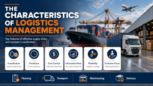 The characteristics of logistics management illustrated with supply chain, warehouse, transport, and delivery process icons