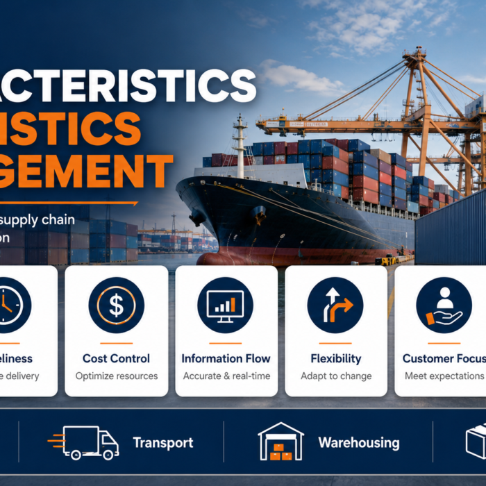 The characteristics of logistics management illustrated with supply chain, warehouse, transport, and delivery process icons