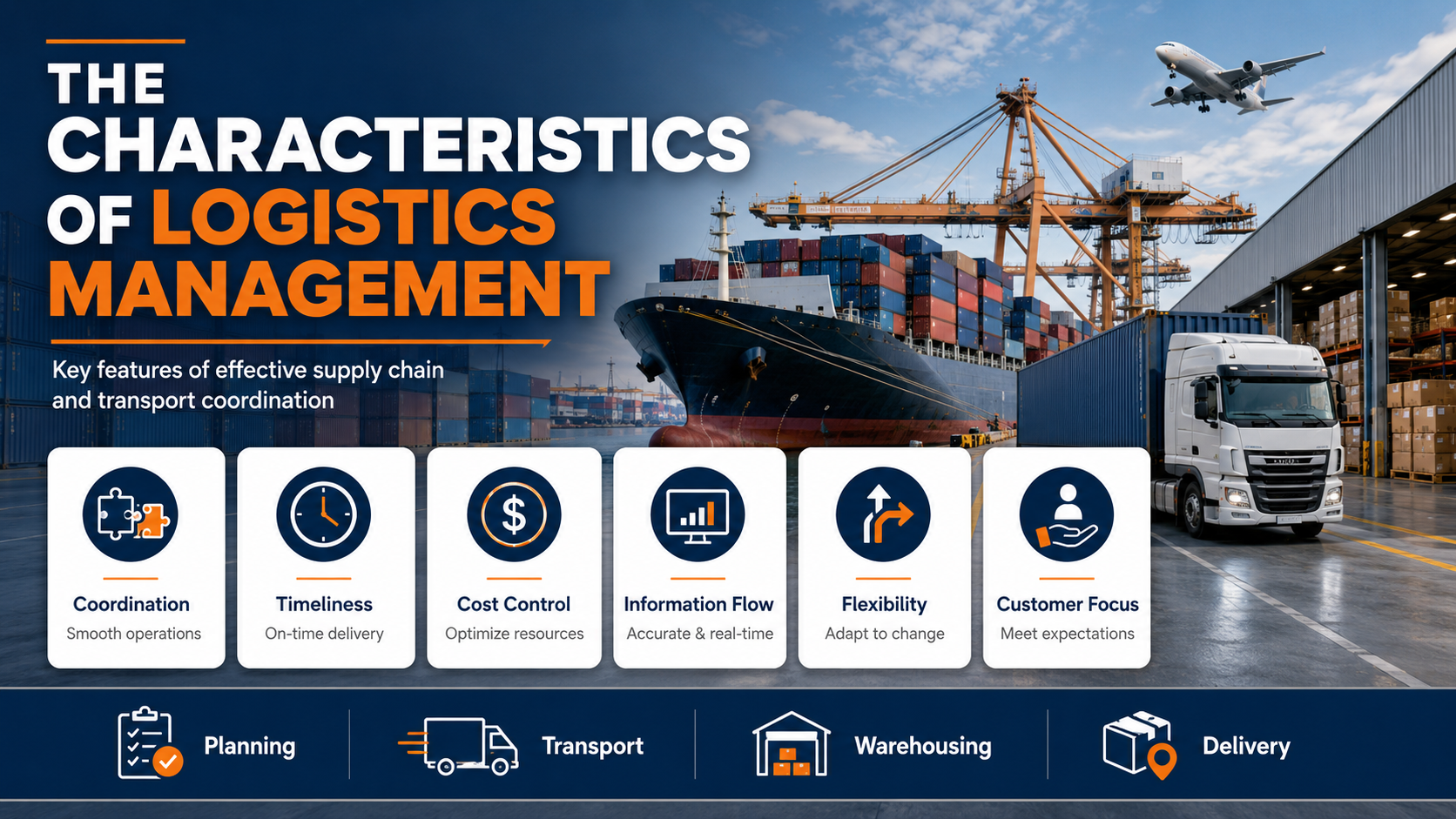 The characteristics of logistics management illustrated with supply chain, warehouse, transport, and delivery process icons