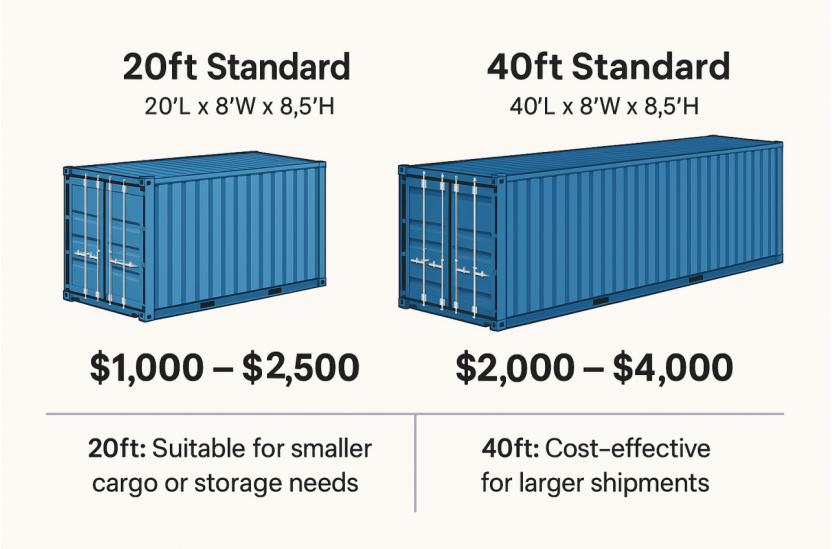 Infographic comparing 20ft and 40ft shipping container prices in 2025