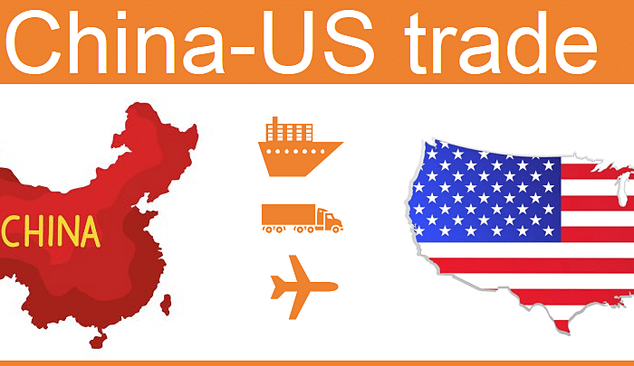China to USA shipping map with freight icons for sea, air, and truck transport
