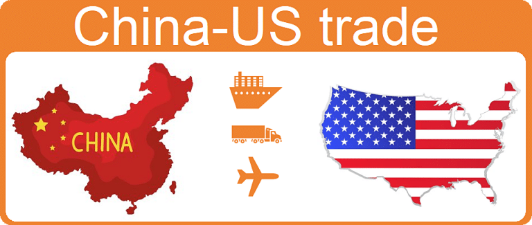 China to USA shipping map with freight icons for sea, air, and truck transport
