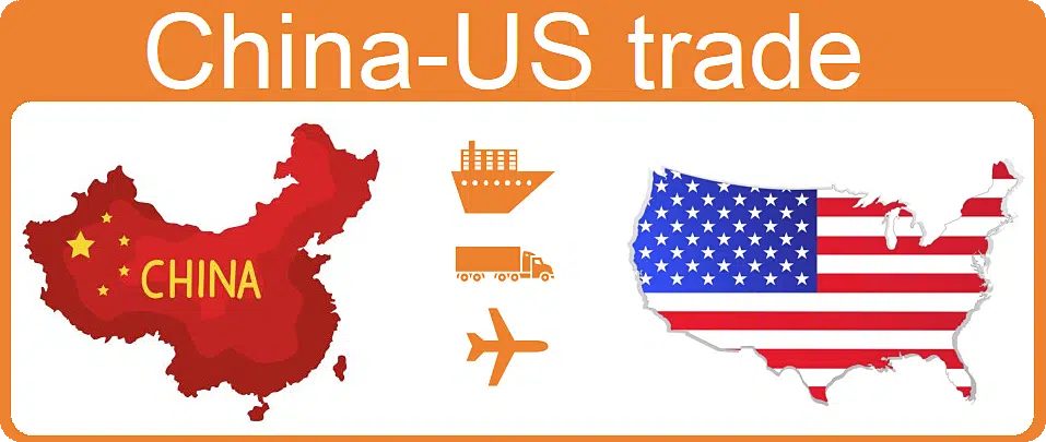 海上、航空、トラック輸送の貨物アイコン付き中国から米国への輸送マップ