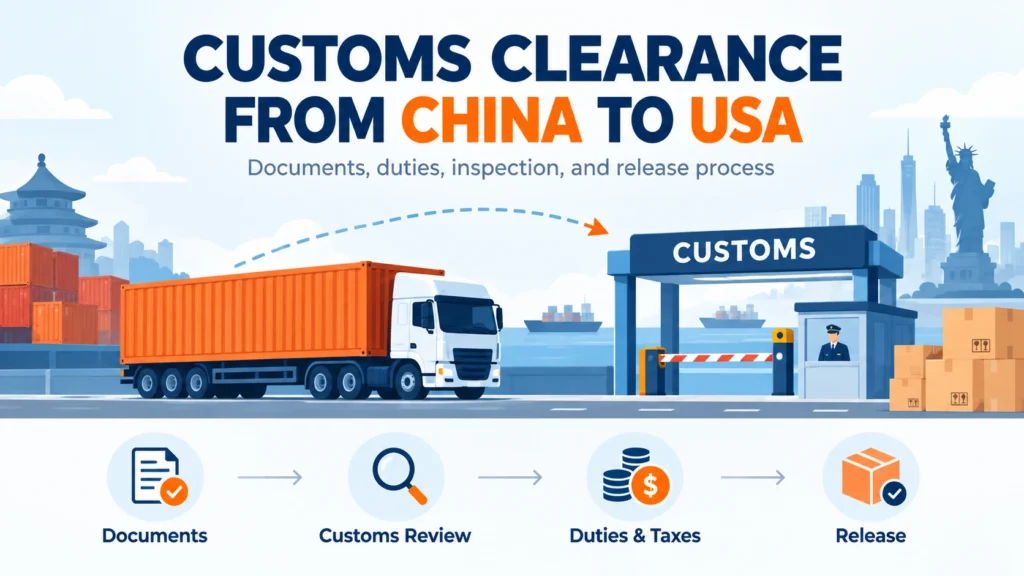 Customs clearance from China to USA illustration featuring a container truck, customs checkpoint, and clearance documents.