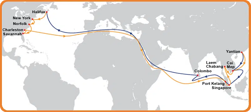 中国から米国への航路 - スエズ運河ルート