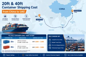 20ft and 40ft container shipping cost from China to UAE by FCL sea freight, showing the shipping route from Shanghai Port to Jebel Ali Port with container specifications and ocean freight rates.