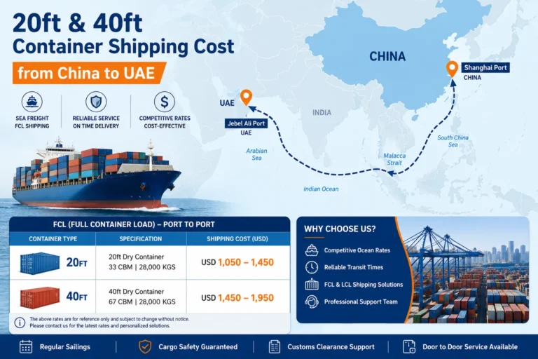 20ft and 40ft container shipping cost from China to UAE by FCL sea freight, showing the shipping route from Shanghai Port to Jebel Ali Port with container specifications and ocean freight rates.