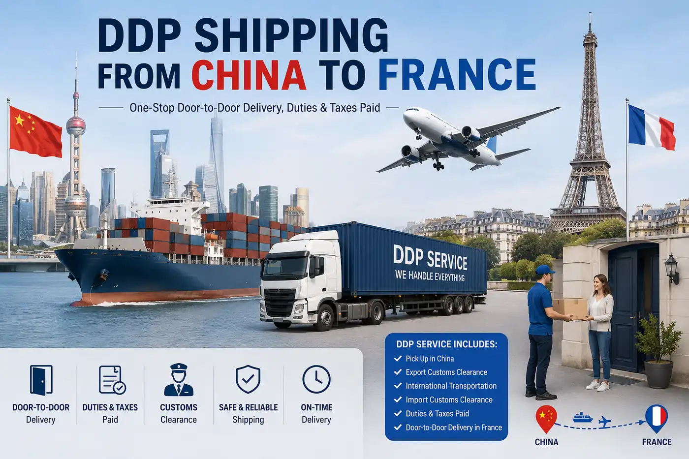 DDP shipping from China to France with door-to-door delivery, customs clearance, duties and taxes paid, using sea and air freight services.