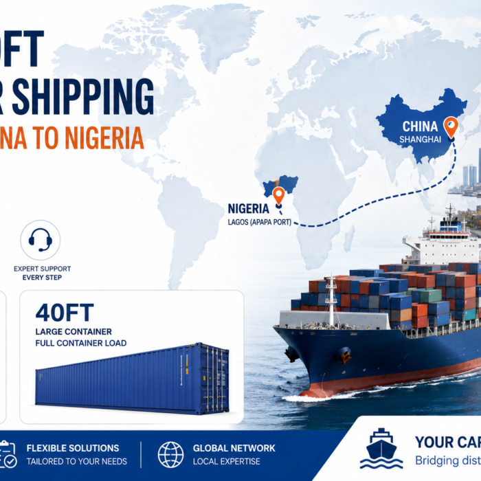 20ft and 40ft container shipping from China to Nigeria with cargo ship, containers, route map, and freight cost elements