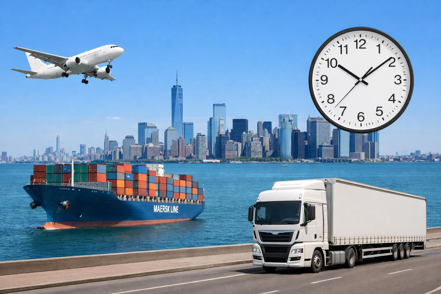 Air and ocean freight shipping from China to the USA showing airplane, cargo ship, truck, and transit time concept