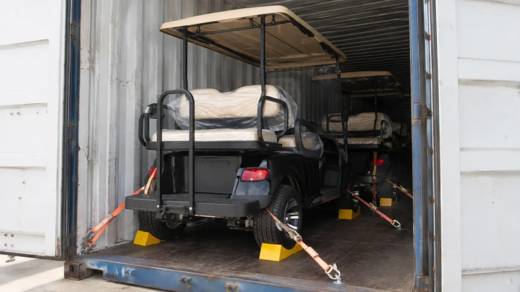 Golf cart container loading and securing for international shipping