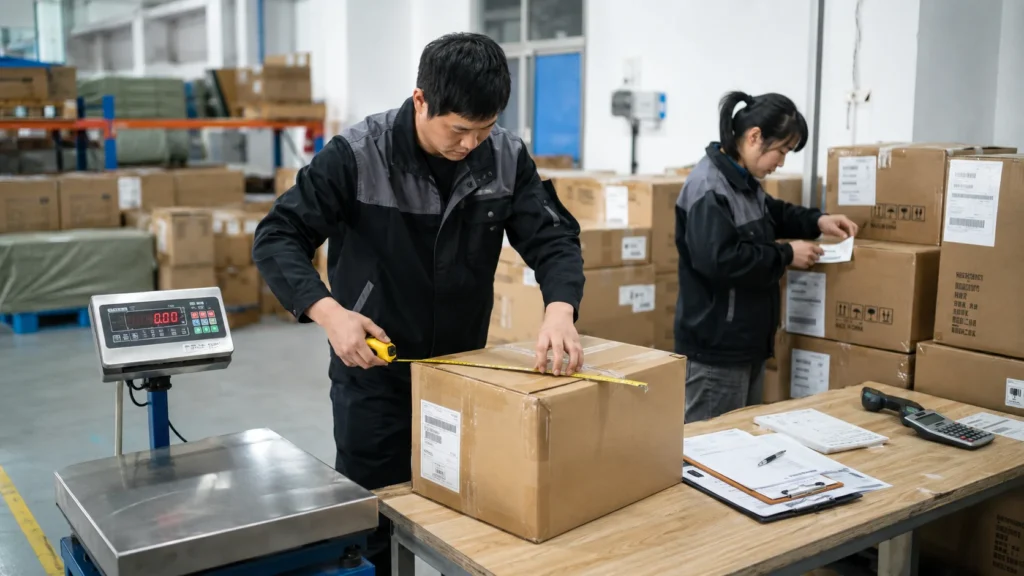 Worker measuring and labeling cartons for an international DHL shipping quote