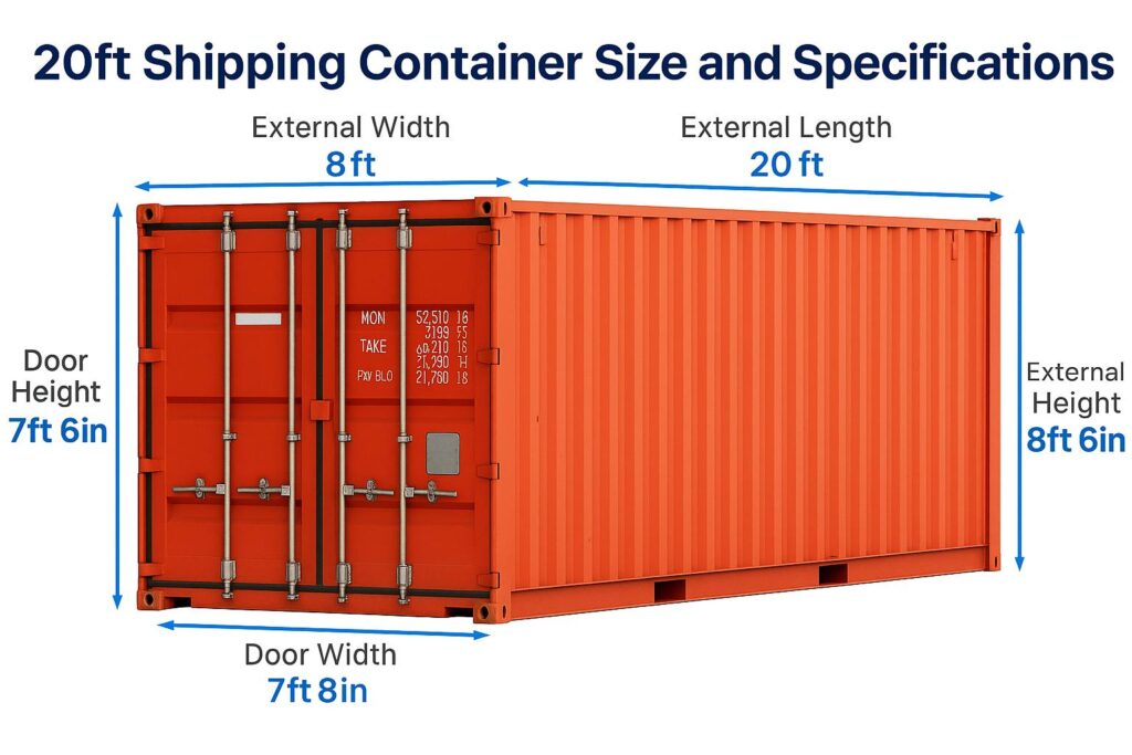 20ft shipping container size chart showing external length 20ft, width 8ft, height 8ft 6in, and door dimensions 7ft 8in wide by 7ft 6in high