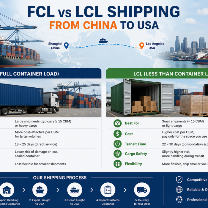 FCL vs LCL shipping from China to USA comparison guide with container freight options, costs, transit time, and cargo handling differences