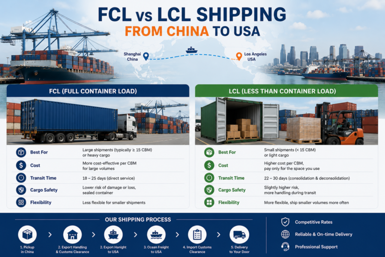 FCL vs LCL shipping from China to USA comparison guide with container freight options, costs, transit time, and cargo handling differences