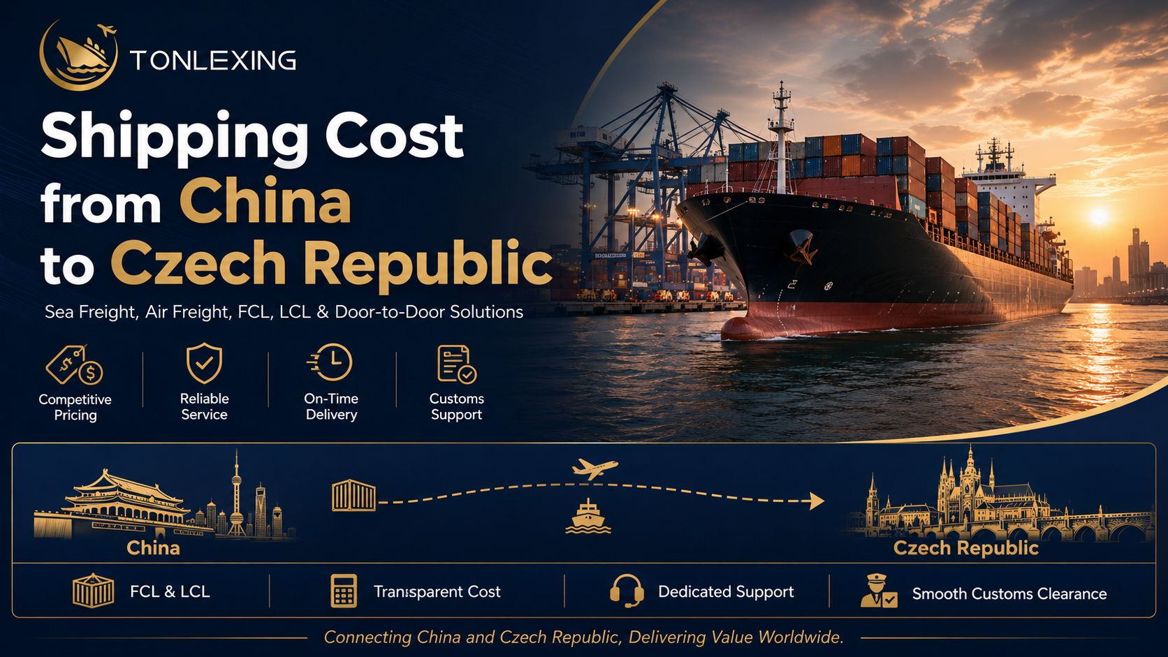 Shipping cost from China to Czech Republic with Tonlexing logistics, including sea freight, air freight, FCL, LCL, customs clearance, and door-to-door delivery services.