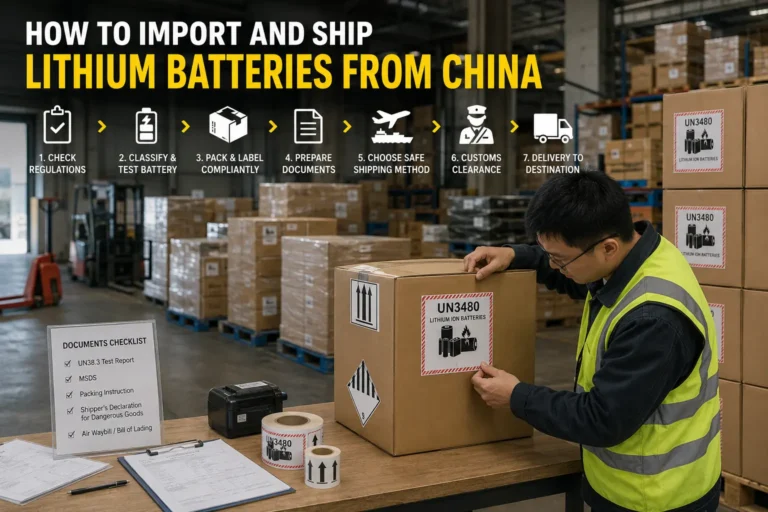 Lithium battery shipment from China with labeled export cartons prepared for international transport