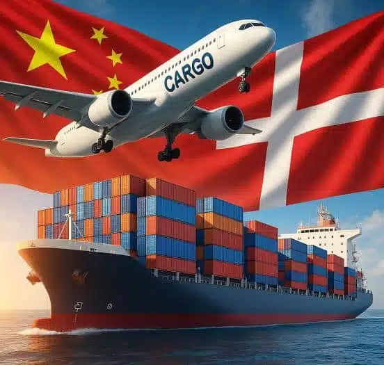 중국에서 덴마크로의 선적 화물 물류 예시