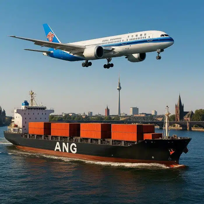 Transporte marítimo e aéreo da China para a Alemanha, mostrando um avião em voo e um navio porta-contentores atracado no porto.
