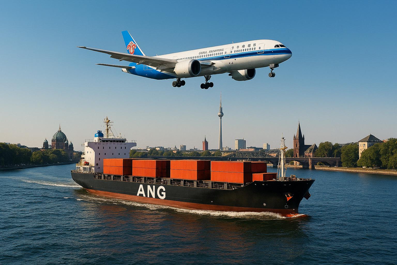 Shipping from China to Germany by air and sea, showing an airplane in flight and a container ship in port.