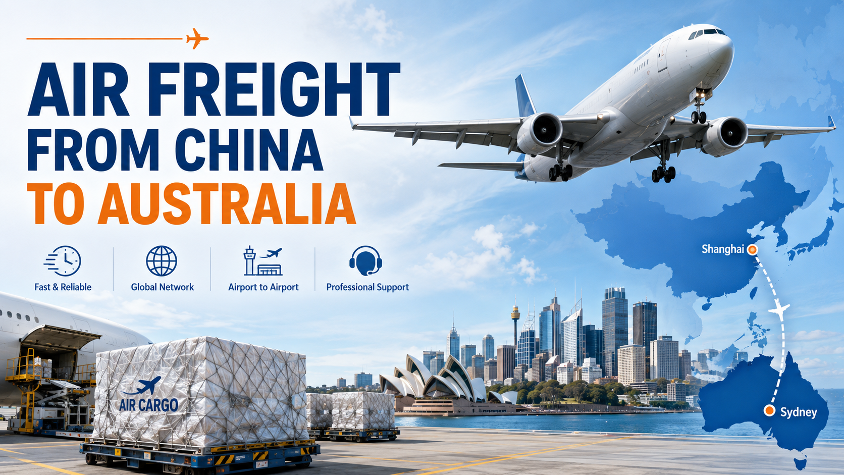 Air freight from China to Australia with cargo plane, skyline, and shipping containers