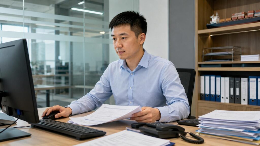 Shipping cost from China to Qatar 2026 guide showing a freight forwarder reviewing international shipping documents