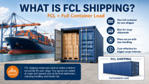 Infographic explaining what FCL shipping means, including full container load process, container sizes, shipping costs, and FCL vs LCL comparison.