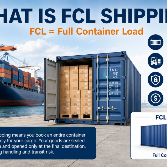 Infographic explaining what FCL shipping means, including full container load process, container sizes, shipping costs, and FCL vs LCL comparison.