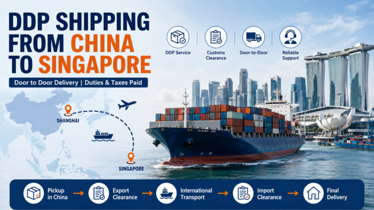 DDP shipping from China to Singapore with cargo ship, containers, and Singapore skyline