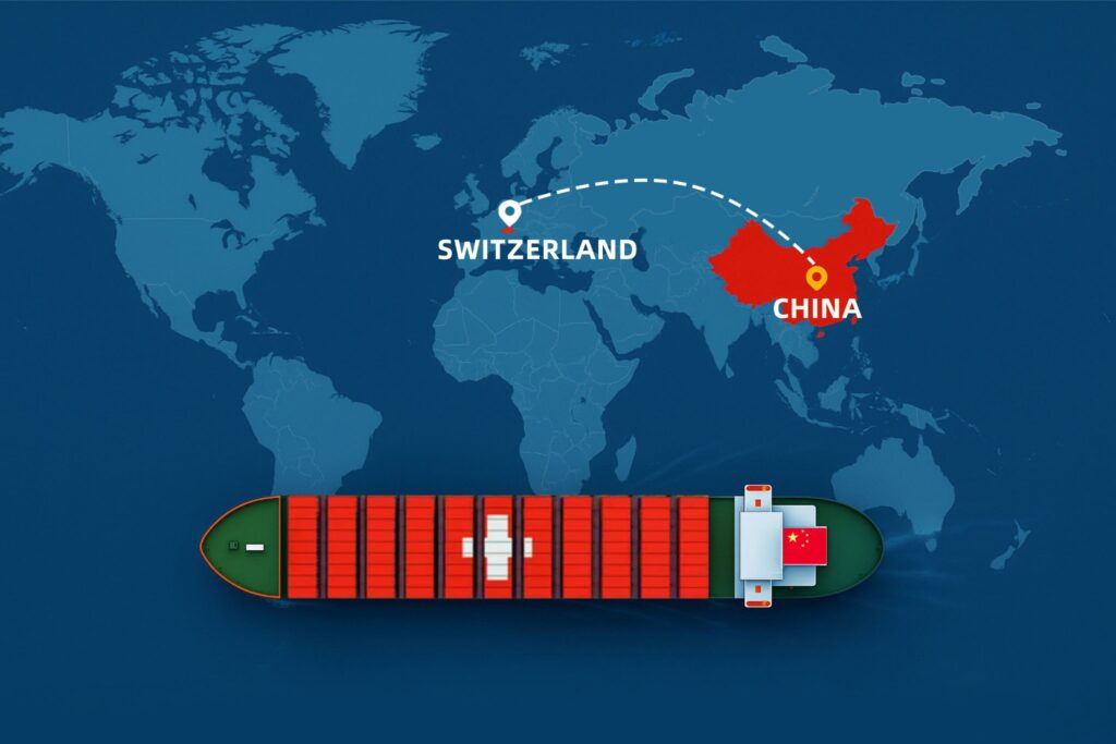 Shipping from China to Switzerland by sea – container ship with China and Switzerland flags on world map
