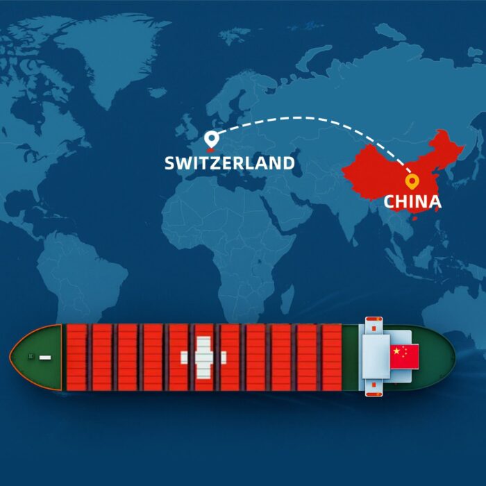 Shipping from China to Switzerland by sea – container ship with China and Switzerland flags on world map