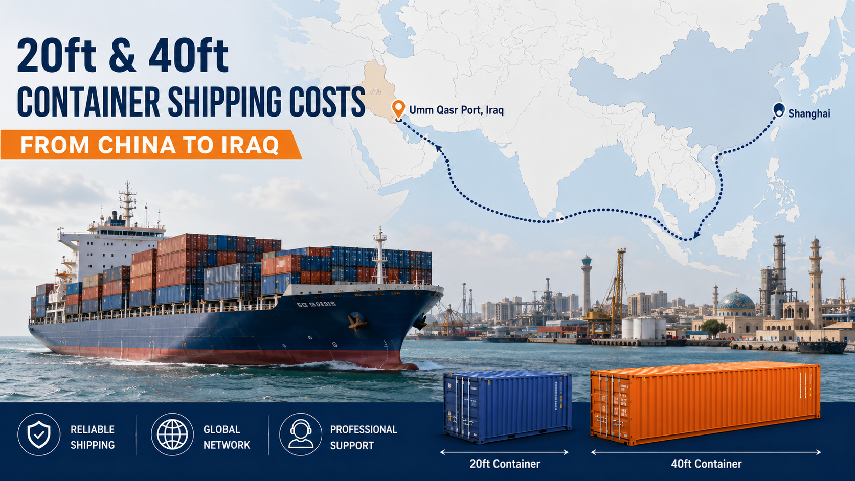 20ft and 40ft container shipping from China to Iraq with sea freight route to Umm Qasr Port