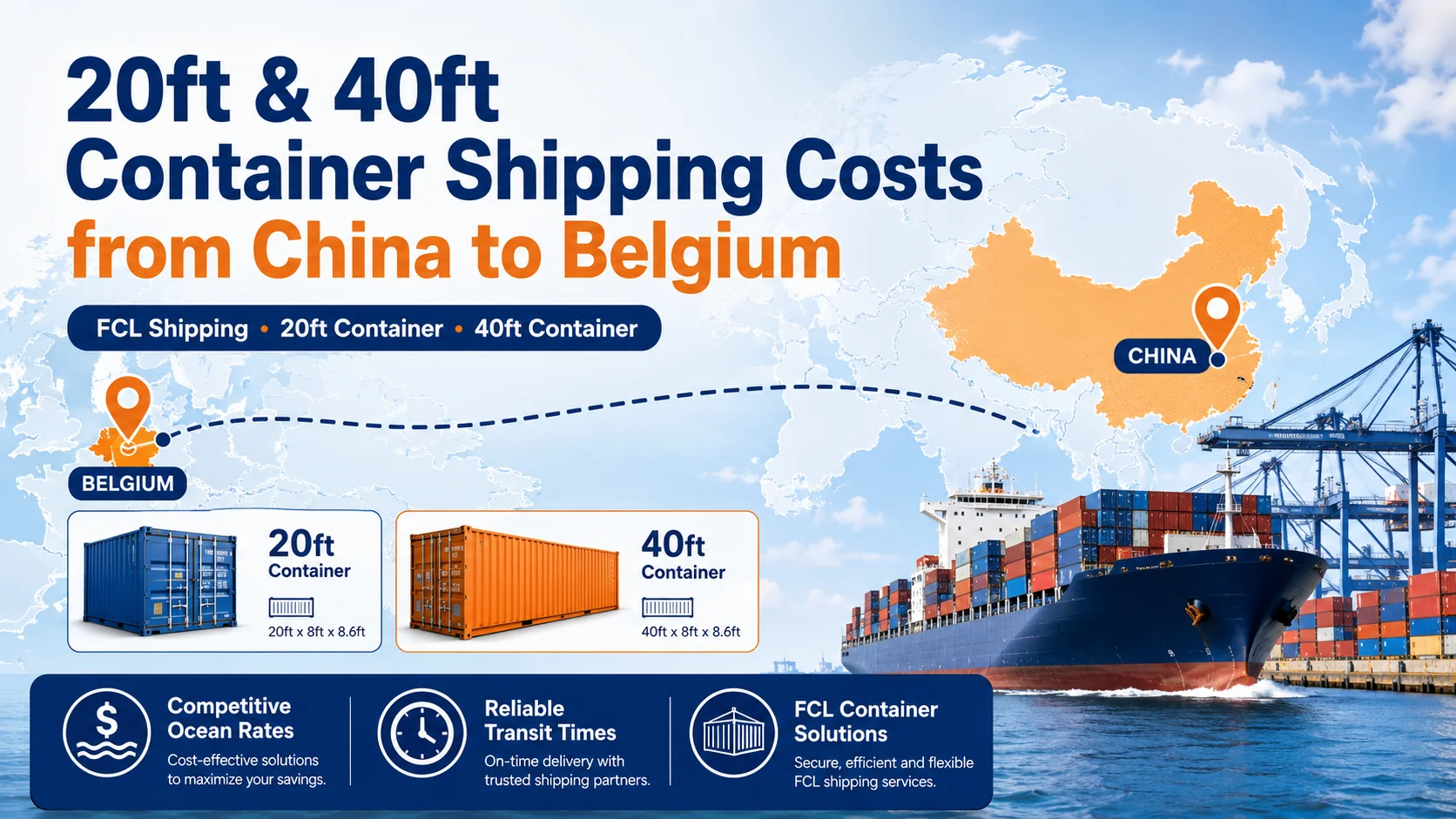20ft and 40ft container shipping costs from China to Belgium by FCL sea freight, showing container options, ocean route, and port-to-port delivery.