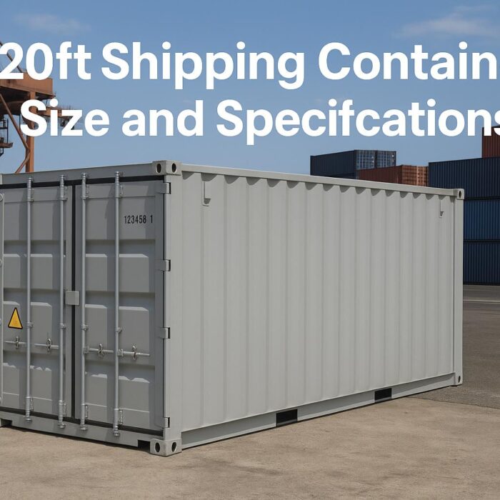 20ft shipping container dimensions with labeled length, width, and height in 2025 at a port background