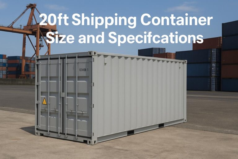 20ft shipping container dimensions with labeled length, width, and height in 2025 at a port background