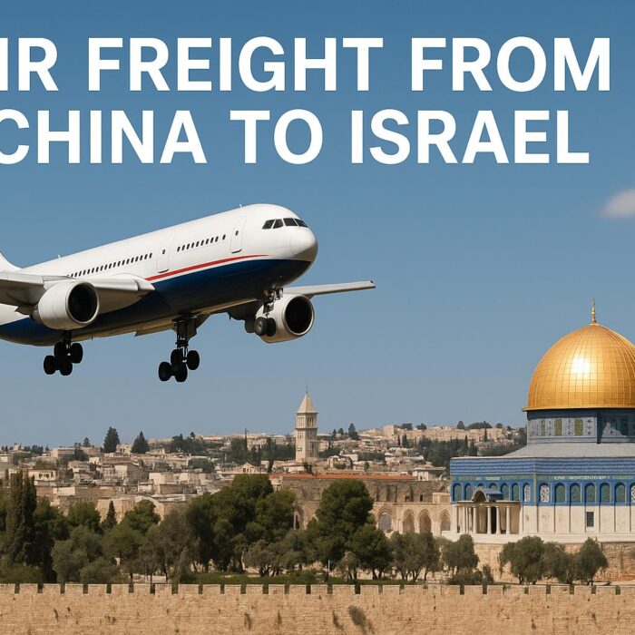 Air freight from China to Israel – cargo airplane flying over Jerusalem, representing international air shipping services.