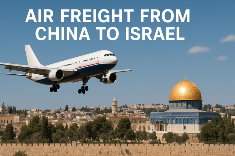 Air freight from China to Israel – cargo airplane flying over Jerusalem, representing international air shipping services.