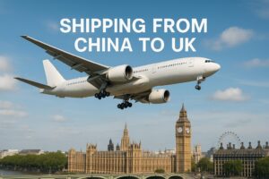 Air freight from China to the UK with cargo aircraft and UK landmark
