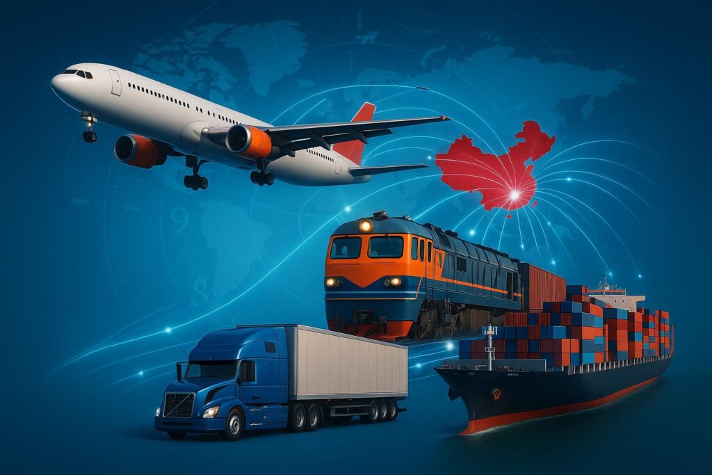 Global shipping illustration showing cargo ship, airplane, and truck representing how long it takes to ship goods from China in 2025.