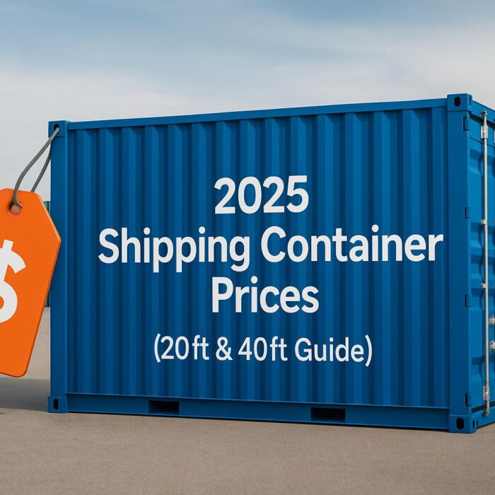 2025 shipping container prices guide showing a blue 20ft container with a price tag at a port — explains 20ft and 40ft container cost comparison