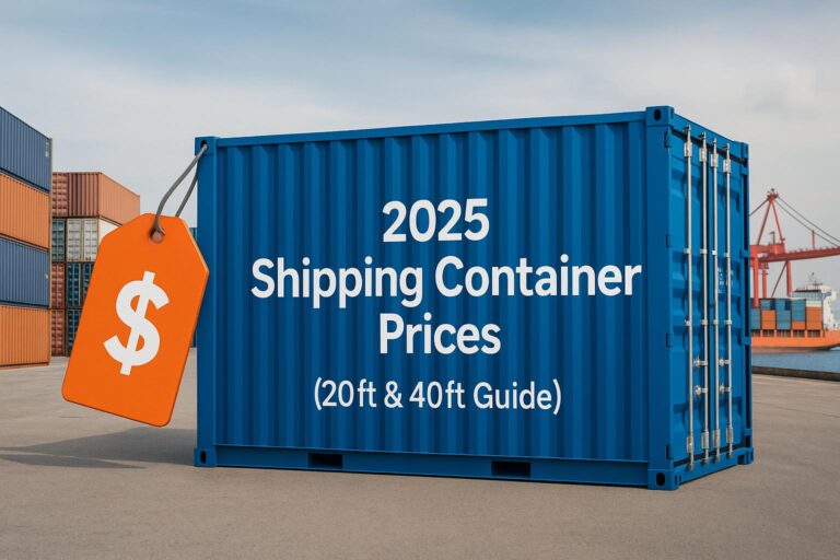 2025 shipping container prices guide showing a blue 20ft container with a price tag at a port — explains 20ft and 40ft container cost comparison