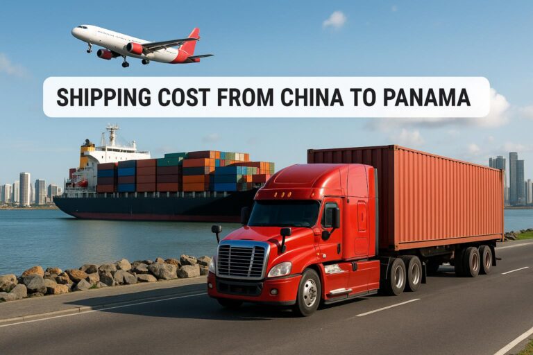 Cargo truck, airplane, and containers at port illustrating shipping cost from China to Panama in 2025.