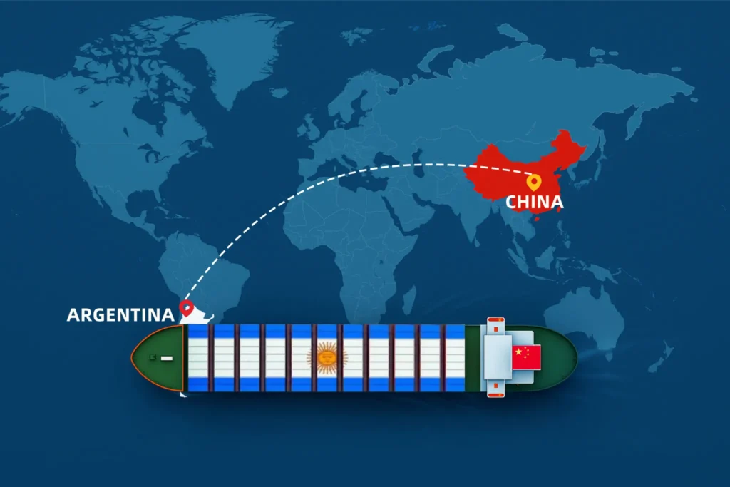 Container ship with Argentina flag sailing from China to Argentina on world map