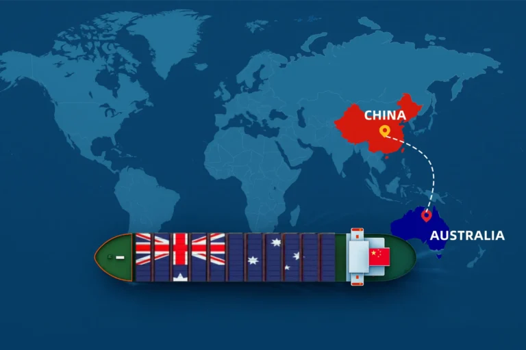 Container ship with Australian flag sailing from China to Australia on world map