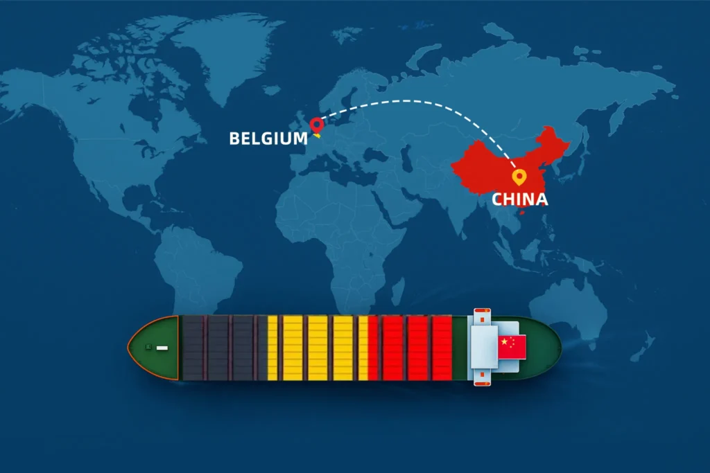 Container ship with Belgium flag sailing from China to Belgium on world map