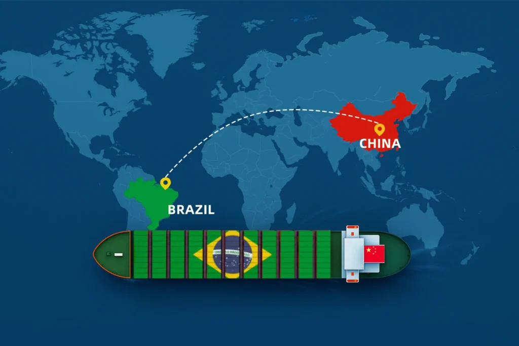 Container ship with Brazil flag sailing from China to Brazil on world map