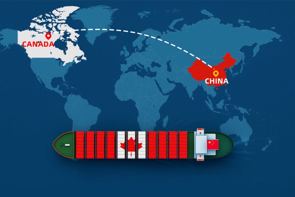 Shipping from China to Canada by sea – container ship with China and Canada flags on world map